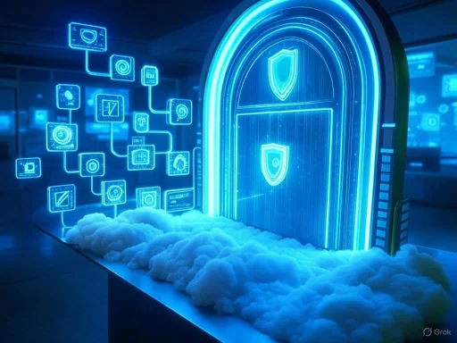 A futuristic digital security gate with holographic icons and shields, surrounded by clouds on a dark background.