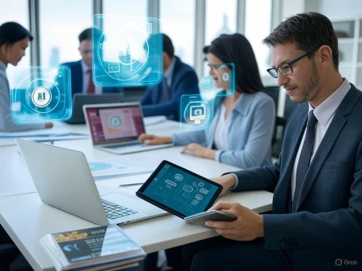 Business professionals use digital devices and augmented reality in a modern office setting.