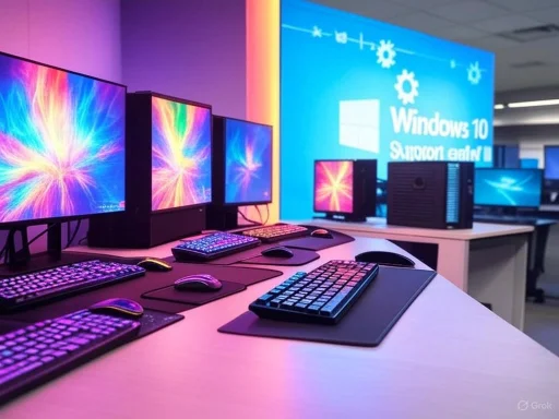A row of computers with colorful illuminated keyboards and monitors in a modern tech lab setup.