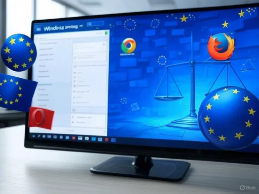 Computer screen displaying European Union flags, European Parliament scale, and popular web browser icons.