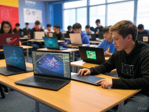 Students working on laptops in a classroom, with some focused on digital game design or programming.