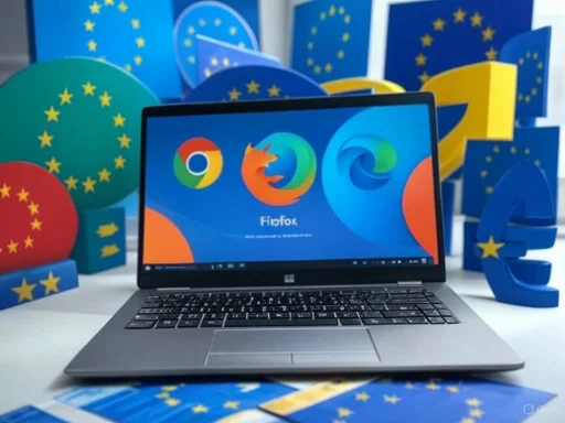 A laptop displays browser logos with European Union symbols in the background.