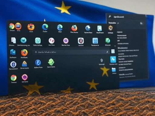 A computer screen with a European Union flag background displaying various app icons and folders.