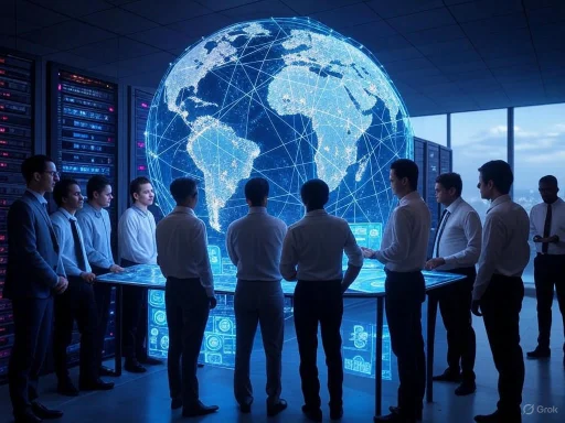 A diverse group of professionals analyze a large digital globe in a high-tech control room.
