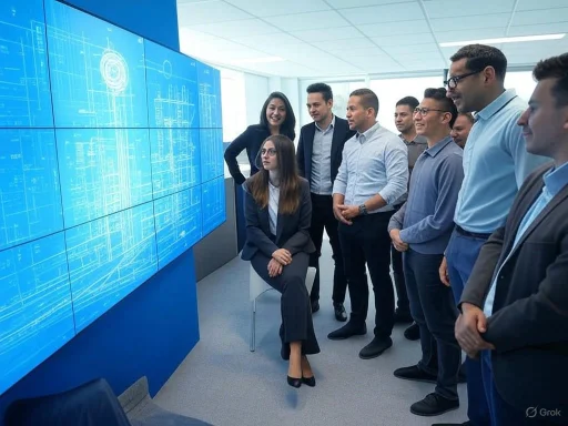 A group of professionals attentively watches a woman presenting technical data on large blue digital screens.