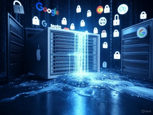 A futuristic digital data security concept with servers, tech icons, and locks illustrating cybersecurity.