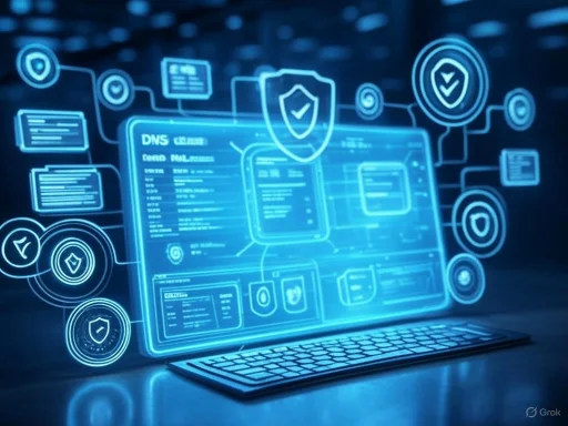 Digital security interface with shield icons and network elements on a glowing blue screen.