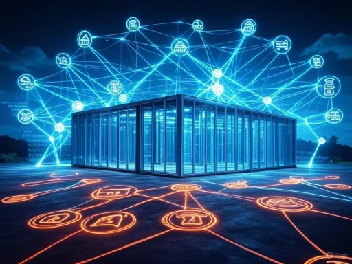 A digital network connecting various icons surrounds a modern glass data center at night.