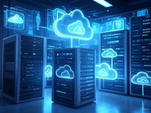 Data servers in a data center with neon cloud storage icons representing cloud computing.