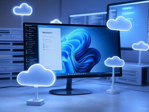 Computer monitor displaying recovery software surrounded by illuminated cloud icons in a data center environment.