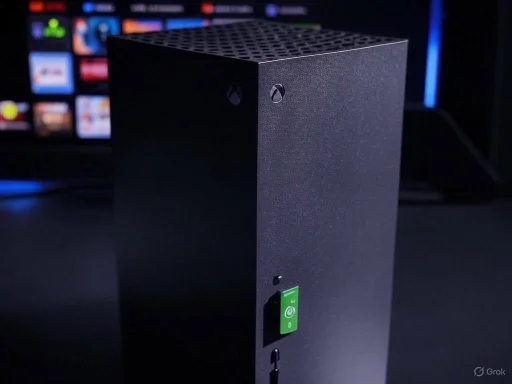 A tall, black electronic device standing upright with a green switch, set against a dark background with digital screens.