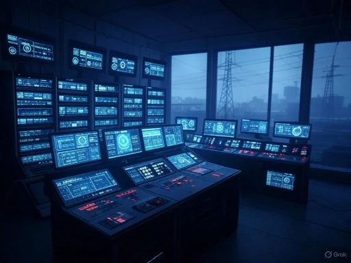 A control room with multiple screens displaying blue data and graphics, overlooking an outdoor scene with power lines and an overcast sky.