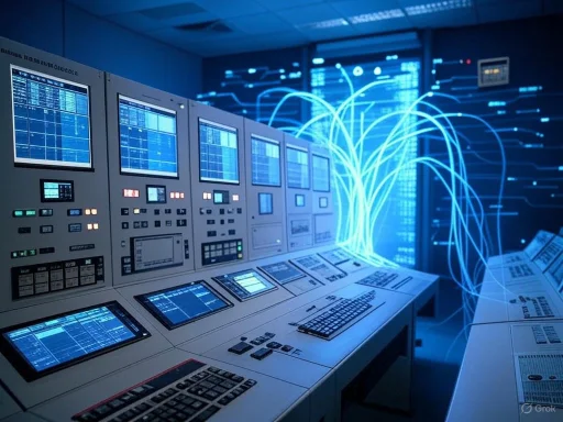 Control room with multiple monitors and digital data flows, indicating high-tech data processing environment.