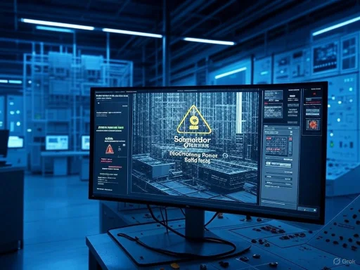 A computer monitor displaying a cybersecurity warning in a high-tech control room with blue lighting.