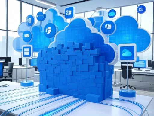 A digital cloud storage concept with 3D blocks and floating icons representing cloud computing in an office.