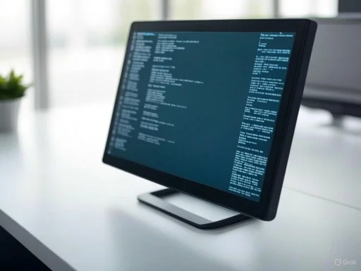 A computer monitor displaying lines of code or system information on a white desk in a bright office.