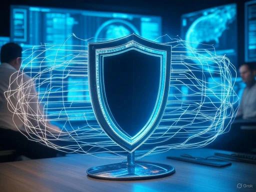 A futuristic digital shield icon with glowing lines depicts cybersecurity protection in a high-tech environment.