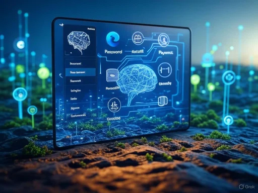 A digital interface with a brain graphic displays various tech icons, set against a futuristic outdoor landscape.