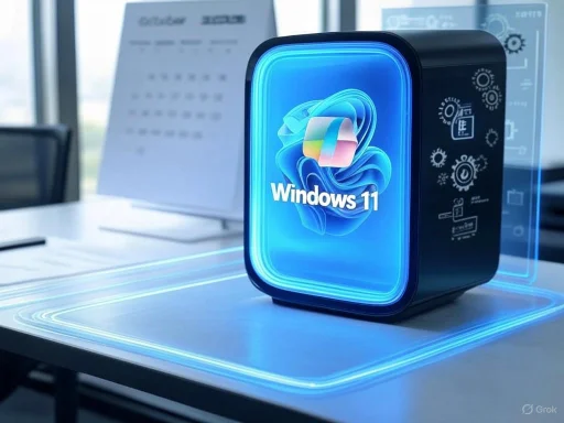 A futuristic device displays the Windows 11 logo on a holographic interface in a modern office setting.