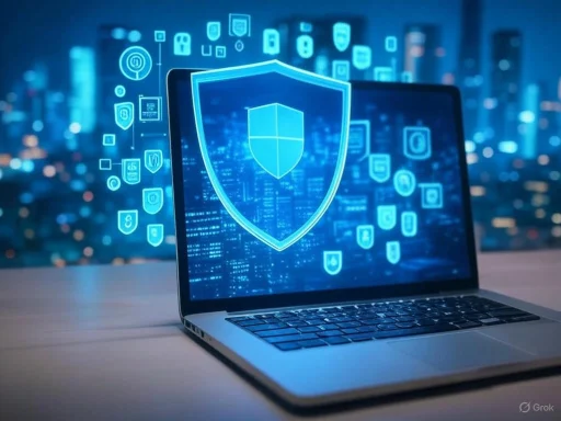 A laptop displaying a digital shield with security icons, symbolizing cybersecurity protection against online threats.