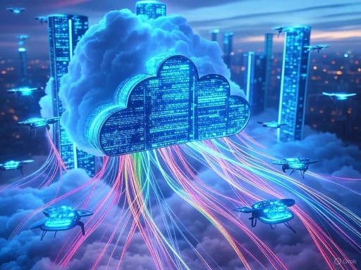 Futuristic cloud computing hub with drones transmitting data, set against a city skyline at dusk.