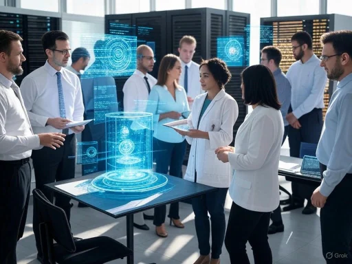 Scientists and professionals discuss futuristic holographic data in a high-tech lab setting.