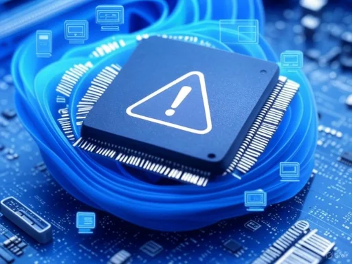 A computer chip with a warning icon, surrounded by digital technology icons and circuitry, indicating a hardware alert. A computer chip with a warning icon, surrounded by digital technology icons and circuitry, indicating a hardware alert.