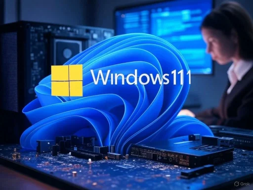 A person working on computers with a large Windows 11 logo and blue digital wave graphics in a tech-focused environment. A person working on computers with a large Windows 11 logo and blue digital wave graphics in a tech-focused environment.