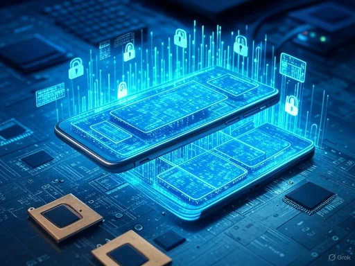 Futuristic digital illustration of smartphones with security icons and holographic data overlays.