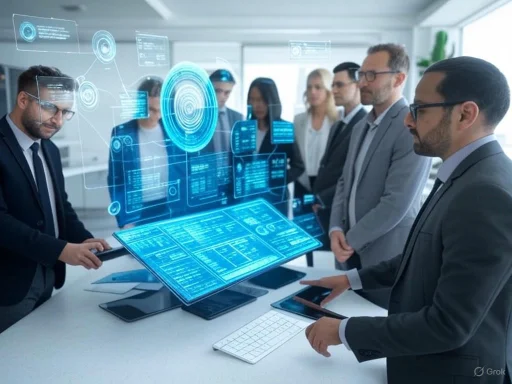 A group of professionals analyzing holographic digital interfaces in a modern office setting.