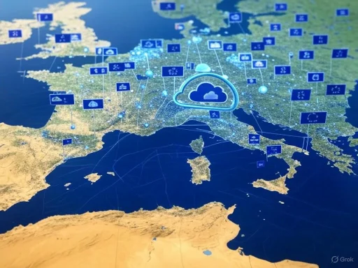 A digital map of Europe showing cloud technology and connectivity icons representing cloud computing infrastructure.