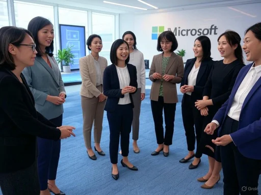 Group of women in professional attire having a discussion in a Microsoft office environment.