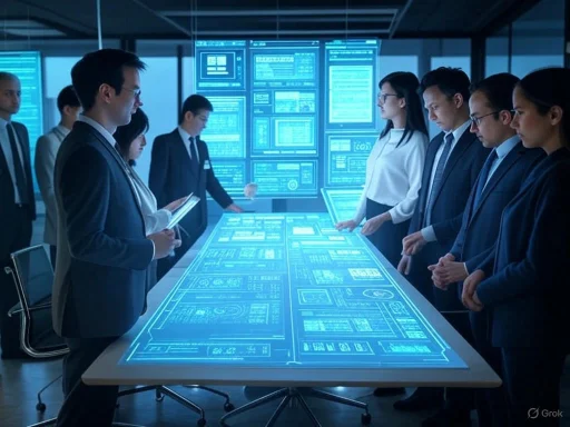A group of professionals in a high-tech control room analyzing holographic digital data displays.