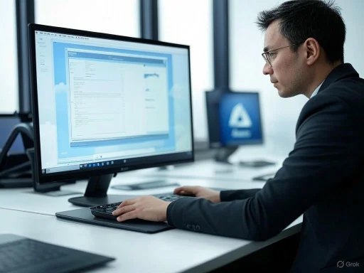 A man in a suit working on a computer in an office setting.