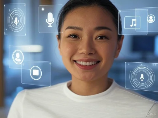A woman interacts with transparent holographic icons representing voice, music, and user interface elements.