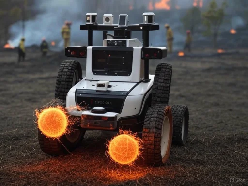A fire-fighting robot equipped with sensors and tools stands amid a wildfire ground, with flames and firefighters in the background.