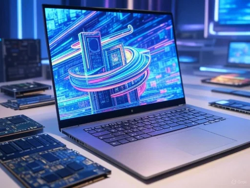 A laptop displaying a digital graphic of a dollar sign surrounded by neon lines, with electronic components around it.