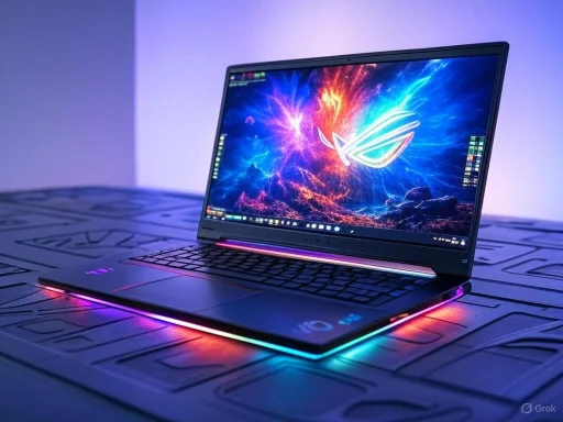 A sleek gaming laptop with colorful LED accents and a vibrant space-themed wallpaper on the screen.