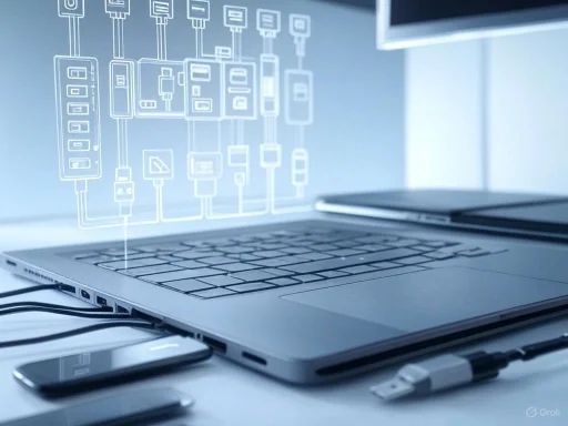 A laptop on a desk displays digital circuit diagrams projected above it, with a smartphone and charging cables nearby. A laptop on a desk displays digital circuit diagrams projected above it, with a smartphone and charging cables nearby.