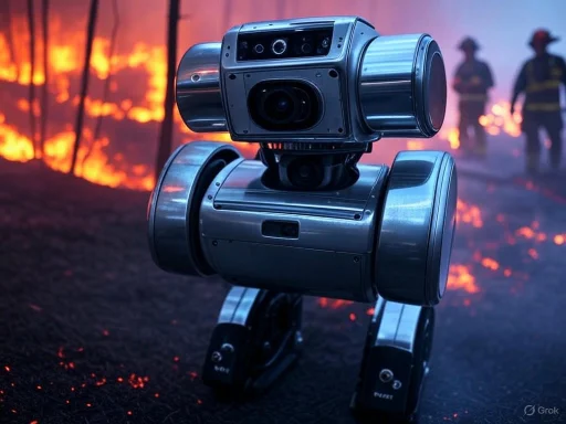 A robot camera monitors a wildfire with firefighters in the background amid burning trees.