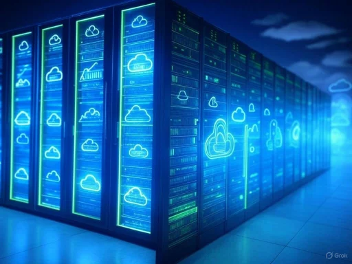 A data center with server racks decorated with neon cloud icons, illuminated in blue and green in a futuristic setting. A data center with server racks decorated with neon cloud icons, illuminated in blue and green in a futuristic setting.