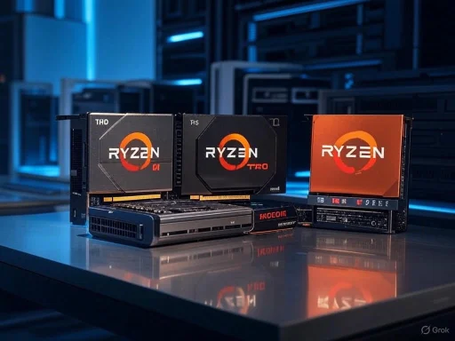 Three AMD Ryzen processors and a motherboard are displayed on a reflective surface in a high-tech setting. Three AMD Ryzen processors and a motherboard are displayed on a reflective surface in a high-tech setting.