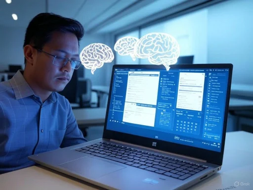 A person working on a laptop with glowing brain illustrations above, symbolizing AI or advanced thinking.