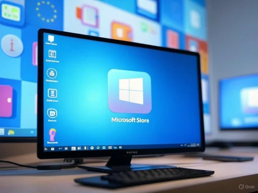 A computer monitor displays the Microsoft Store logo with a background of colorful app icons. A computer monitor displays the Microsoft Store logo with a background of colorful app icons.