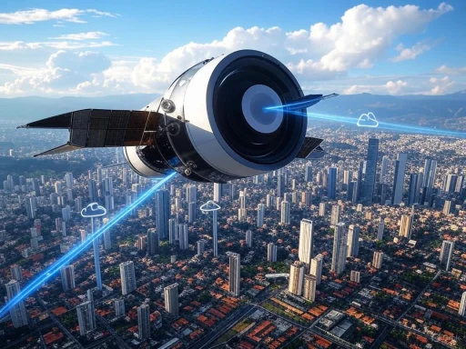 A spaceship hovers over a city, shooting laser beams and leaving cloud-shaped trails in the sky.