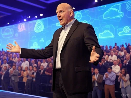 A man in a black suit speaks passionately on stage in front of a large audience with a digital cloud-themed backdrop.
