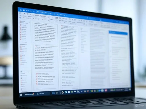 A laptop screen displaying a document with multiple columns and highlighted text, likely a report or article.