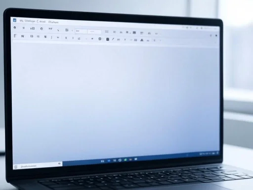 A laptop screen displaying a blank document with a toolbar at the top, ready for editing.