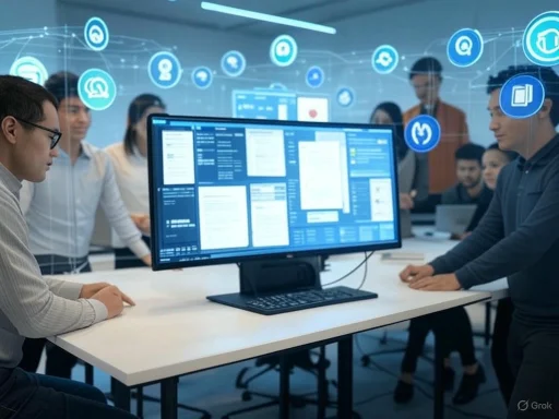 Team meeting in a modern office with digital icons and screens showcasing data and communication tools.