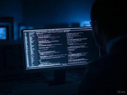 A person working on a computer with code displayed on a large monitor in a dark environment.